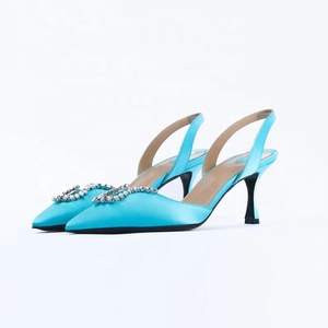 Women Back Strap Diamonds Decor Shoes Metallic Upper High Heels on Pumps Silk Dress Slingback <b>Sandals</b> - Product Image 2