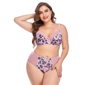 New large size print bra set sexy women plus size underwear gathered up lace bra 38-48D