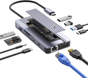 NKIWI 12-in-1 <span class=keywords><strong>USB</strong></span> <span class=keywords><strong>C</strong></span> <span class=keywords><strong>Hub</strong></span> Docking Station M.2 <span class=keywords><strong>NVME</strong></span> <span class=keywords><strong>SSD</strong></span> custodia lettore di schede RJ45 Ethernet HDMI-compatibile adattatore 3.5mm Audio - Product Image 1