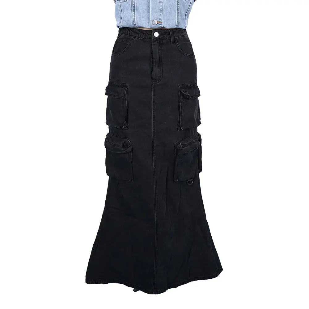 Rok jins Denim warna hitam, rok Denim putri duyung, Rok jins cuci kargo enzim, model baru