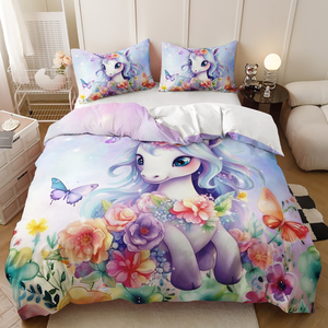 Juego de cama de poliéster personalizable para dormitorio Juego de funda nórdica 3D Unicorn Girls - Product Image 4