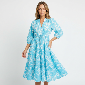 100% Cotton Collar Loose Fit A-Line Midi Dress Digital Printed Floral Pattern Puff Sleeves Button Closure Breathable Anti-static - Product Image 1