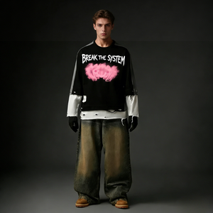 T-shirt Homme Oversize Déchiré à Manches Longues Style Urbain avec Imprimé Forêt au Dos – Tendance Décontractée Streetwear - Product Image 1