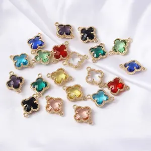 Acessórios de joias com 10 cores, de vidro, aro de ouro, quatro folhas, trevo, duplo furo, achados de joias para mulheres