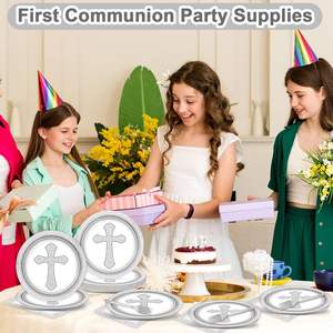 Juego de Vajilla para 24 Invitados con Servilletas y Platos de Postre con Cruz para Bautizo y <span class=keywords><strong>Primera</strong></span> Comunión, Color Gris, Artículos Religiosos para Fiestas - Product Image 6