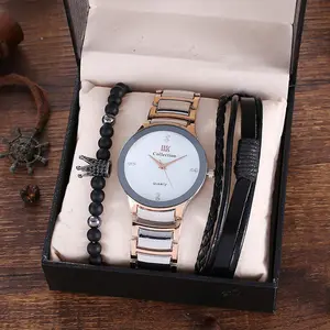 Conjunto de pulsera y reloj de cuarzo para hombre, Set de pulsera de acero inoxidable, estilo británico elegante de negocios, 3 uds.
