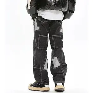 StreetLux Custom American Street Patch Rag Design Sense of Niche Jeans Hombres Instagrammed Pantalones rectos sueltos - Product Image 2
