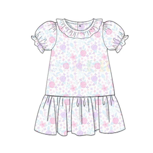 Robe d'été décontractée à volants pour petites filles, motif floral, coupe trapèze, en mélange de coton lavable, vente en gros pour enfants, prête à expédier (RTS), ODM - Product Image 4