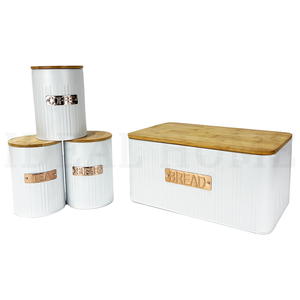 ชุดกล่องใส่ขนมปังและเครื่องดื่มโลหะสีขาวแบบกำหนดเอง พร้อมฝาไม้ไผ่ กล่องเก็บขนมปังและเครื่องดื่มทำจากเหล็กกล้าคาร์บอน - Product Image 1