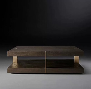 Table basse en chêne fumé foncé à deux niveaux, design moderne de luxe avec accents en laiton, table basse carrée en bois à double couche flottante - Product Image 1