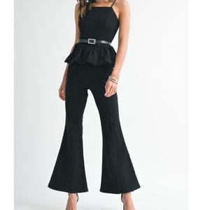 Conjunto de Dos Piezas Casual y Elegante para Mujer, Pantalones Vaqueros de Pierna Ancha con Estampado Sólido y Top Corto con Volantes, Conjunto de Mezclilla para Mujer - Product Image 3