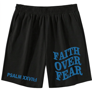 Pantalones Cortos Deportivos de Poliéster Transpirables para Hombre, Color Gris, con Estampado Faith Fear, Cintura Elástica Media, con Texto del Salmo XXVII y Logotipo Frontal - Product Image 5