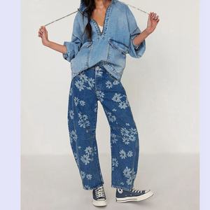 Jeans Anchos Personalizados OEM para Mujer, Estilo Hip-Hop Urbano, 100% Algodón, Lavado Ácido, Desgastado, con Grabado Láser, Jeans Anchos de Mezclilla - Product Image 2