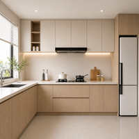 Armoires de cuisine modernes minimalistes, sur mesure, couleur crème mate, en forme de L, avec plan de travail en quartz