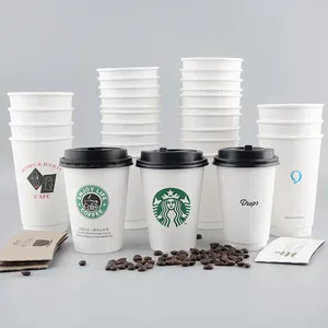 newsense كوب قهوة ورقي بطبعة شعار مخصص علامة تجارية من الشركة المصنعة 8 أونصة 12 أونصة 16 أونصة أحادي الاستعمال للمشروبات الساخنة بأغطية كوب قهوة ورقي
