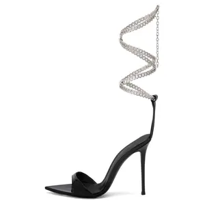 Oem Custom Sexy Diamond Metal Chain With Crystal Rhinestones Embellished Lace Up Women Luxury Sandals High Heels Shoes New Style