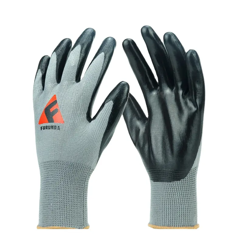 EN388 NBR Bảo Vệ In Logo Polyester Nylon Dệt Kim Nitrile Tráng An Toàn Làm Việc Tay Bảo Vệ Găng Tay Cho Vườn Hộ Gia Đình