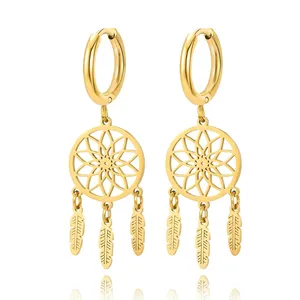 Stainless Steel Earrings 2024 Trend New Delicate Dream Catcher Leaves Pendants Charms Drop Earrings For Women Jewelry Party Gift