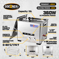 Máquina de limpieza ultrasónica industrial para taller de piezas de automóvil, desengrasadora, 15L, 360W, 400W, calentamiento, 40kHz, preajustes P1-P3, válvula de drenaje 1/2, para grandes lotes