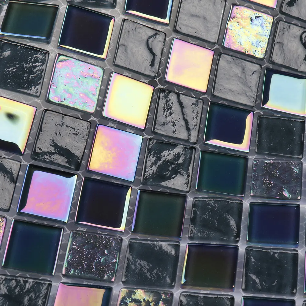 Keluaran baru mosaik ubin kaca hitam pelangi warna-warni persegi