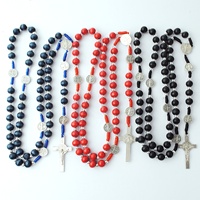 Chapelet catholique en perles de bois bleu foncé pour homme