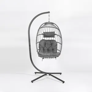 Oeytree Foldable Rattan Hanging Chair with Cushion Metal Swing Chair for Outdoor Leisure
