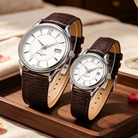 Élégante montre à quartz pour couple, boîtier en acier inoxydable, bracelet en cuir véritable, montre-bracelet pour amoureux, cadeau de la Saint-Valentin