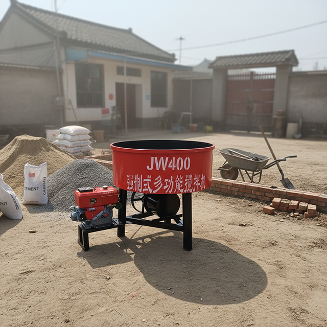 Low Price JW400 Diesel 400L Pan Mixer Forced Action Vertical Flat Mouth Concrete Cement Mixer with Motor Manual Operation