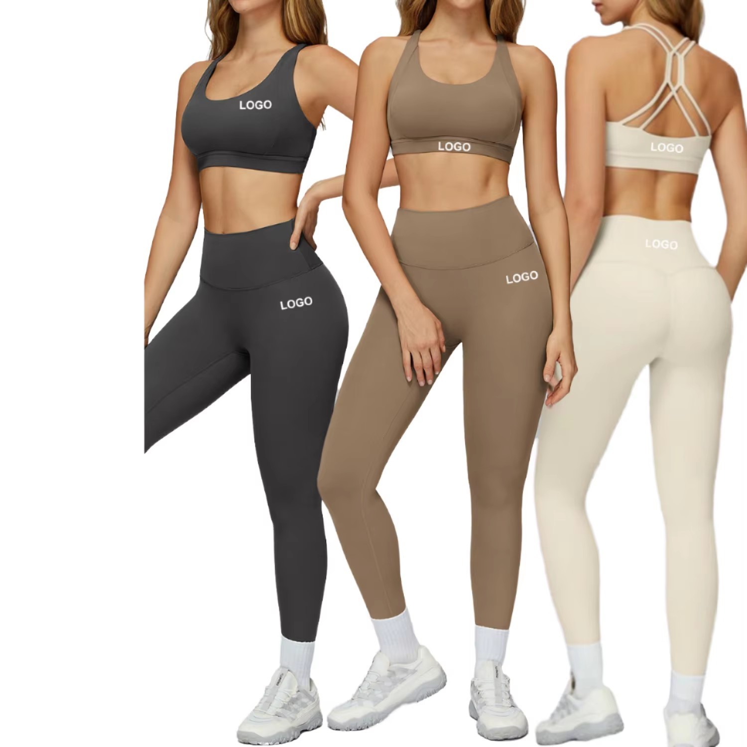 Custom Logo Women's 2-Piece Solid Fitness High Waist Elastic Quick-Dry Sports Set Lightweight Nude Feel Yoga Pilates Gym Suit