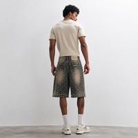 DiZNEW Premium Heavyweight Distressed Jorts Homme, Jean Baggy Artisanal à Motifs Perles et Étoiles, Logo Personnalisé, Streetwear, Fabrication en Usine