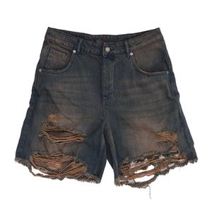 Shorts en jean bleu foncé vintage déchiré, en coton denim, coupe ample, très usé, avec ourlet brut pour homme - Product Image 2