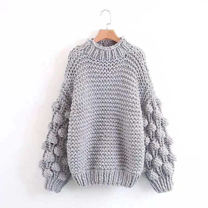 Women's Oversized Chunky Handmade Knit Sweaters High-neckded Long Balloon Sleeve Thicken Pullover Sweater Coat