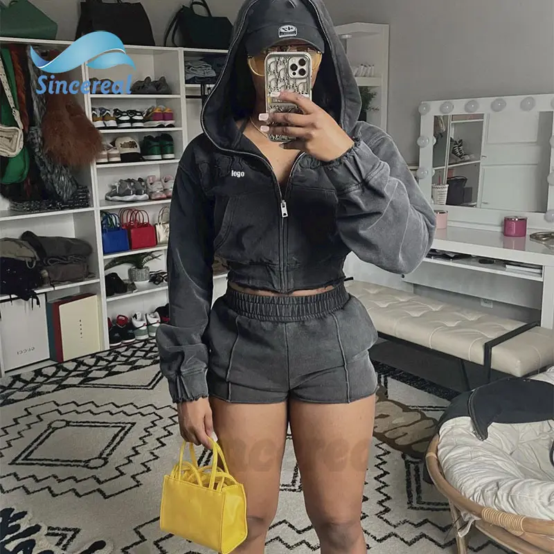 Custom summer casual sexy vintage women cloth tuta cotton French terry wash zip up crop felpa con cappuccio 2 pezzi shorts tuta set