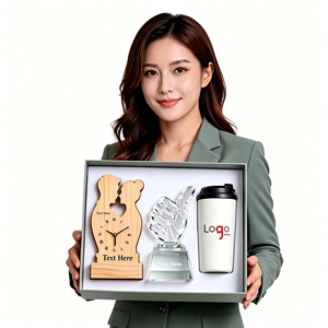 Custom Business Wooden <b>Clock</b> Crystal <b>Hand</b> Trophy Tumbler Gift Set Personalized for Rewarding Outstanding Employee - Product Image 1