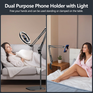 Overhead camerahouder, overhead telefoonhouder, vloer-/bureaustatief, ringlamp met standaard en telefoonhouder voor opnames/livestreaming - Product Image 2