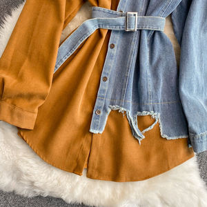 Robe à col en V tendance, style coréen, asymétrique, longue, en <span class=keywords><strong>jean</strong></span>, haut en denim, chemisier pour femmes - Product Image 6