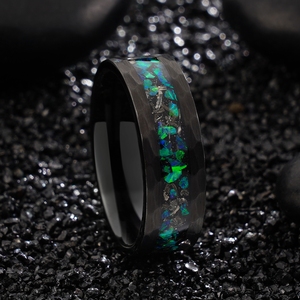 Poya Bijoux Hammererd Usine <span class=keywords><strong>Prix</strong></span> <span class=keywords><strong>Noir</strong></span> Brossé Anneau Météorite <span class=keywords><strong>Opale</strong></span> Tungstène Anneaux Incrustation - Product Image 3