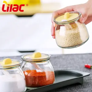 Lilac BSCI SGS LFGB 290ml wholesale round small bulk glass storage spice jar bottle set with spoon stand