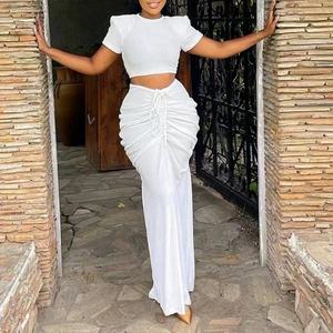 Viviblook Z0114ST08 Nuevas mujeres Tight Sexy plisado de manga corta Crop Top Cordón Falda plisada Conjunto de dos piezas - Product Image 6