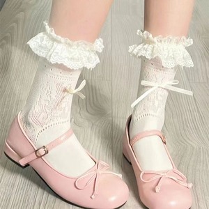 <b>Lace</b> <b>Socks</b> Mid Calf White Cotton Breathable Women's Lolita Style With Ruffles And Bows - Product Image 2