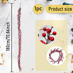 Guirnalda colgante de 180 cm con flores tipo brocado, bayas rojas navideñas y enredaderas para decoración de chimenea y árbol. - Product Image 1