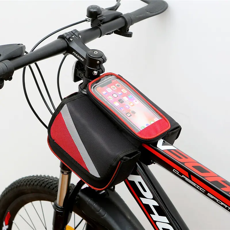 Tas sepeda gantung Oxford tahan air, wadah ponsel dengan layar transparan sentuh, tas sadel sepeda, tas setang sepeda