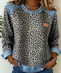 Sudadera Holgada con Cuello Redondo y Parches de Mezclilla a Cuadros para Mujer, Estilo 2026 - Product Image 3