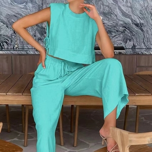 Cotton Linen Shoulder Padded Sleeveless Side Tie <b>Top</b> With Pocket Wide Leg Pants Women's Casual 2 Piece Set Fashion - Product Image 6