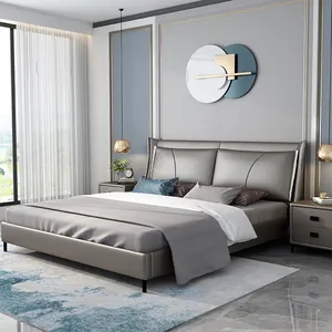 İtalyan modern lüks deri yatak ahşap çerçeve karyola iskeleti çift/kral yatak odası için