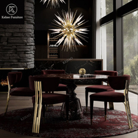 Ensemble de table à manger ronde de luxe moderne avec plateau en marbre, chaises rembourrées en velours avec dossier plaqué or pour villa et manoir