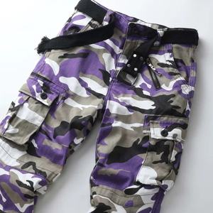 Pantalon cargo camouflage décontracté, pantalon en coton léger, multi-poches, taille élastique, lavage délavé, devant plat - Product Image 4