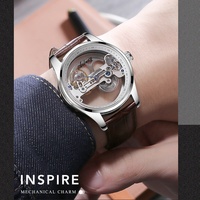 Montre mécanique automatique transparente AILANG pour homme, bracelet en cuir, design squelette, personnalisable avec logo, idéale pour les affaires