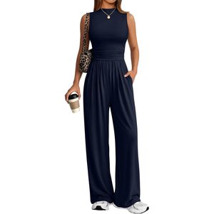 Combinaison palazzo sans manches pour femme, taille haute, avec poches, tenue décontractée pour la vie quotidienne estivale, tissu extensible respirant - Product Image 1