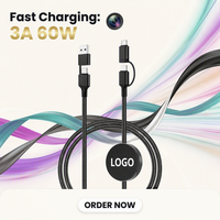 Produits tendances 2026 : Câbles de charge multi-Led tressés en nylon 4-en-1, cordon de chargeur multi-téléphones USB Type C vers Type C